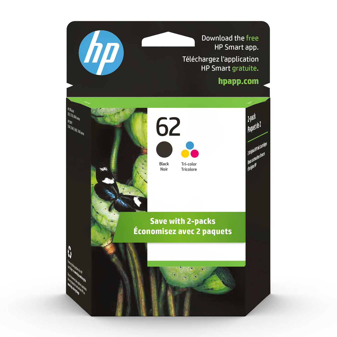 HP 62 Black Tri-color Ink Cartridges 2-pack N9H64FN